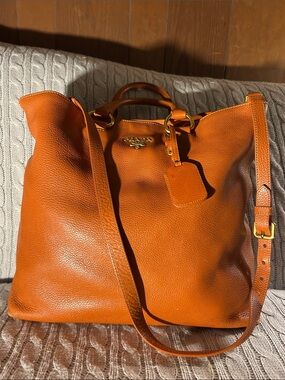 Prada Orange Pebbled Leather Tote with Detachable Strap